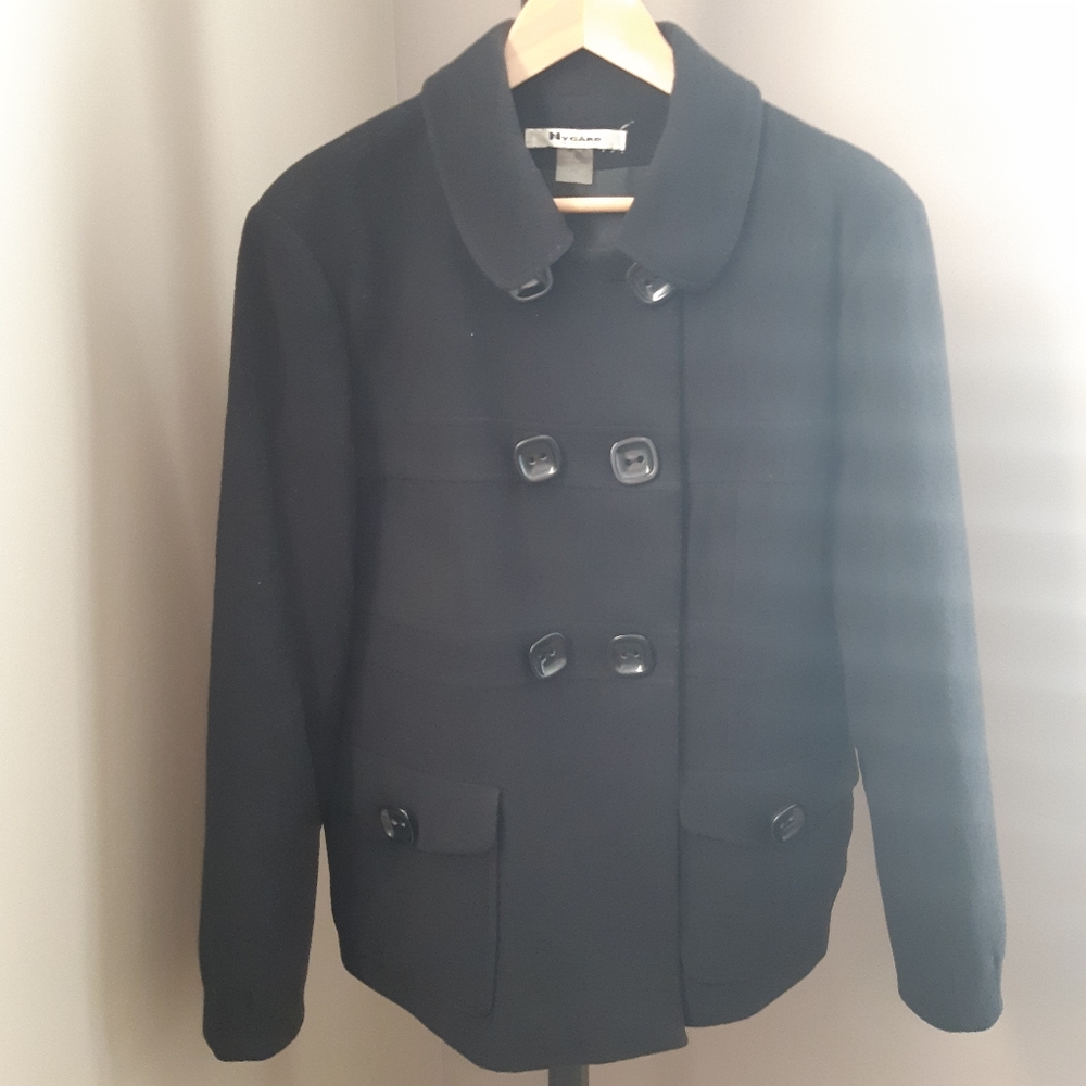 Nygard Black Pea coat wool cashmere blend. Size 16. Great details.
